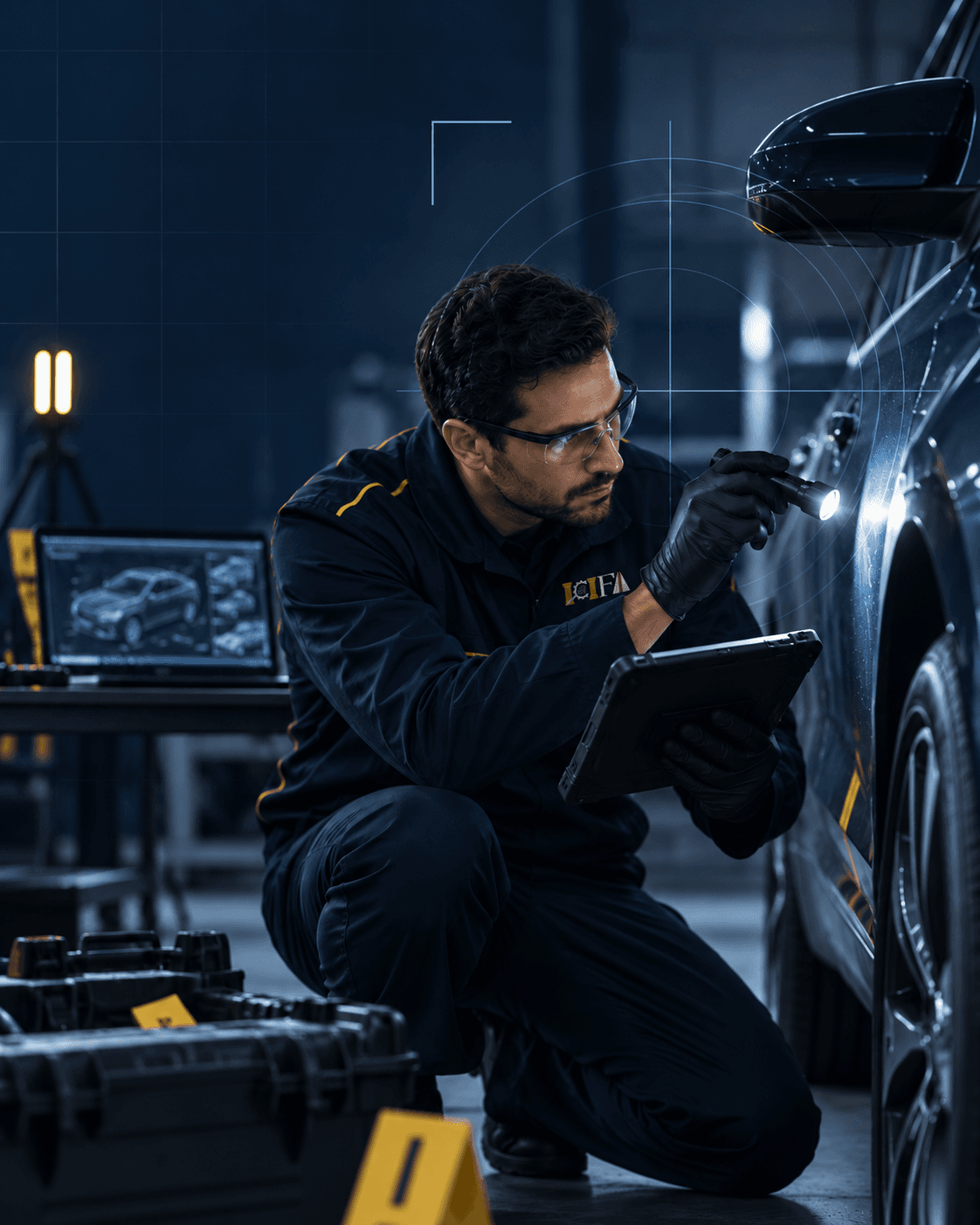 Profesional de ICIFA realizando inspección técnica forense de un vehículo.